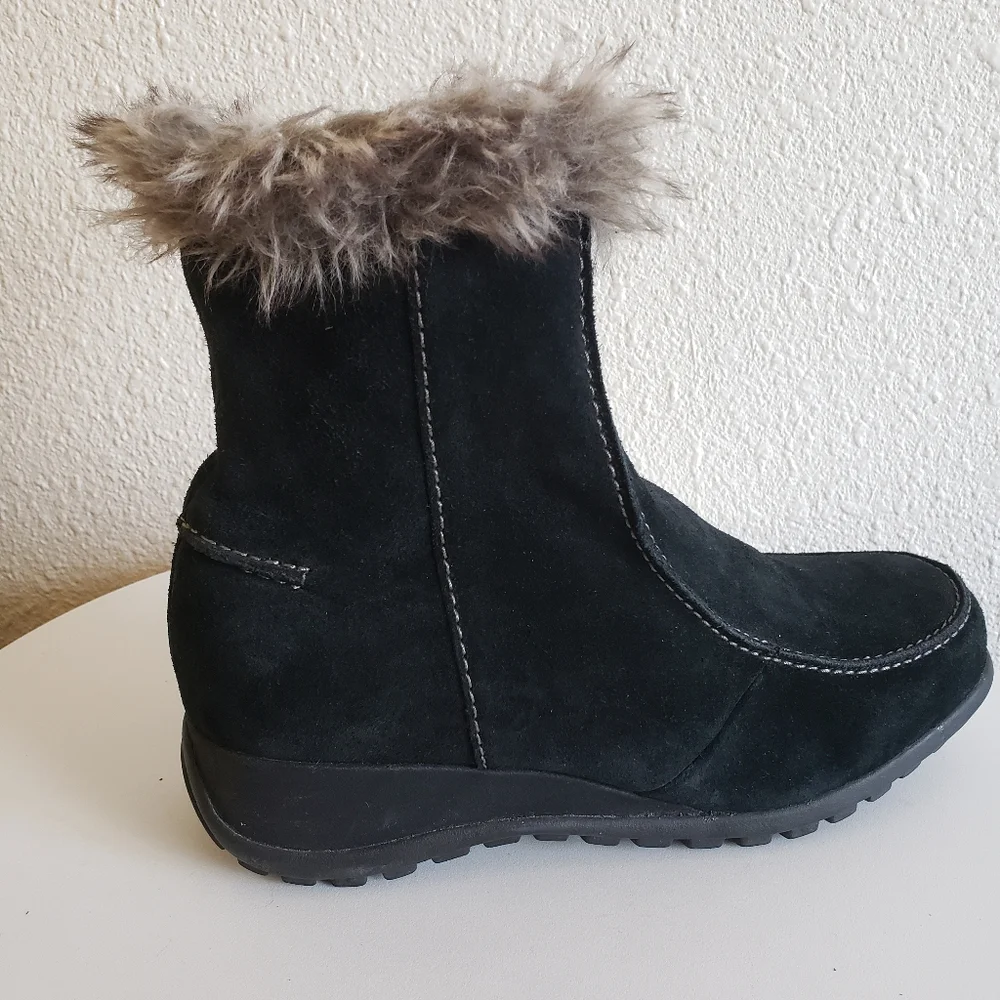 #Sporto Women Black Real Suede Upper Faux Fur Trim Ankle Zip Boots